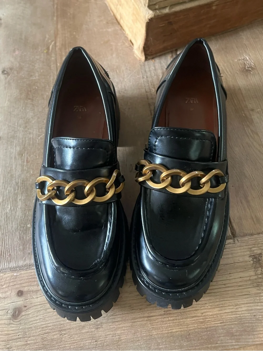 Zara woman’s Black Leather Loafers with Gold Chain
